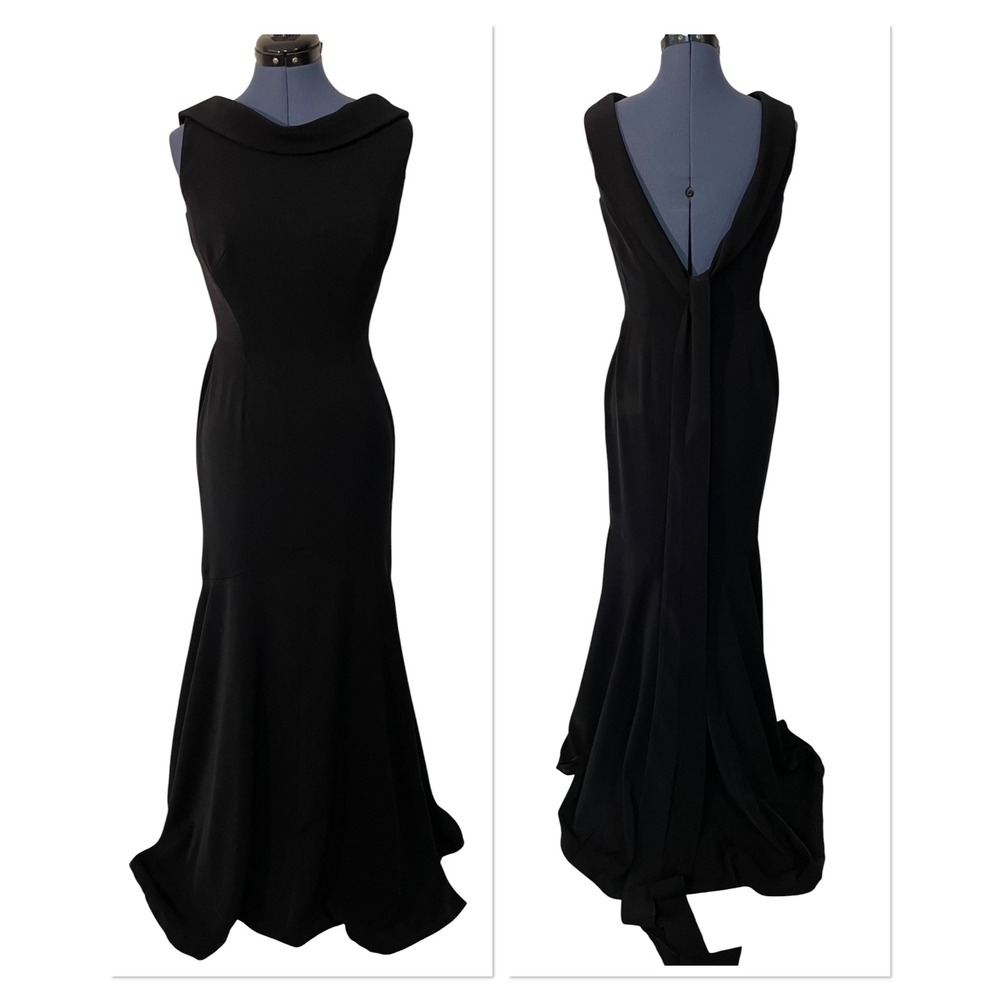 Catherine Regehr Black Cowl Neck Mermaid Evening Gown V Back Sash Formal Dress S